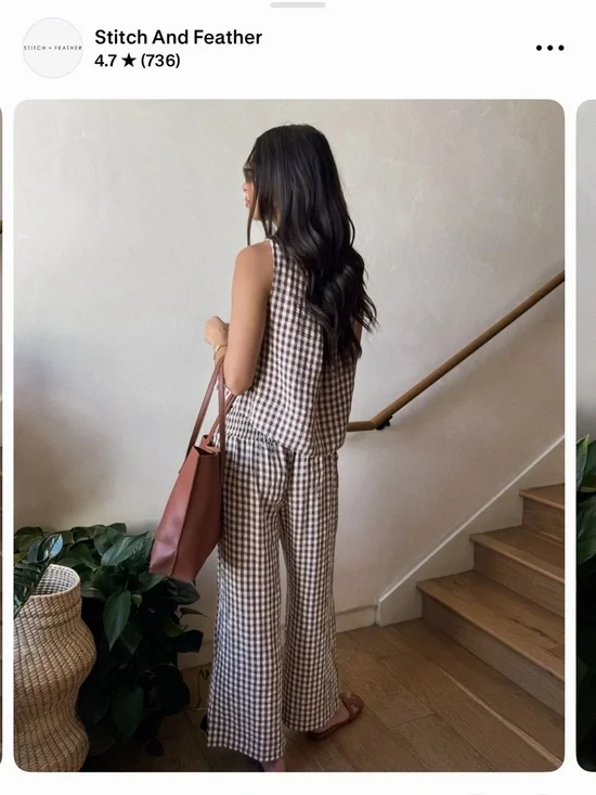 Stitch And Feather Brown Gingham Wide-Leg Pants - Picture 3 of 6